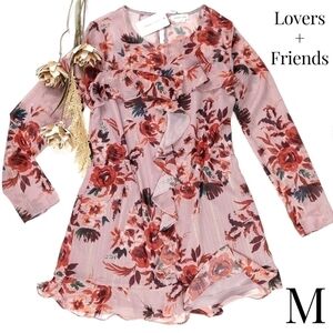 New Lovers + Friends Pink Floral Gold Metallic Stripe Sheer Ruff…